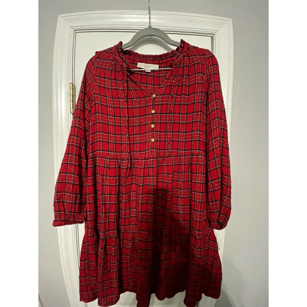 LOFT Petites XXSP Red Plaid V-Neck Long Sleeve Button Front Tiered Dress